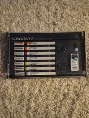 90s Koh-I-Noor Rapidograph 3165 Pen Set 7 Technicsl Art2 Pens + India Ink
